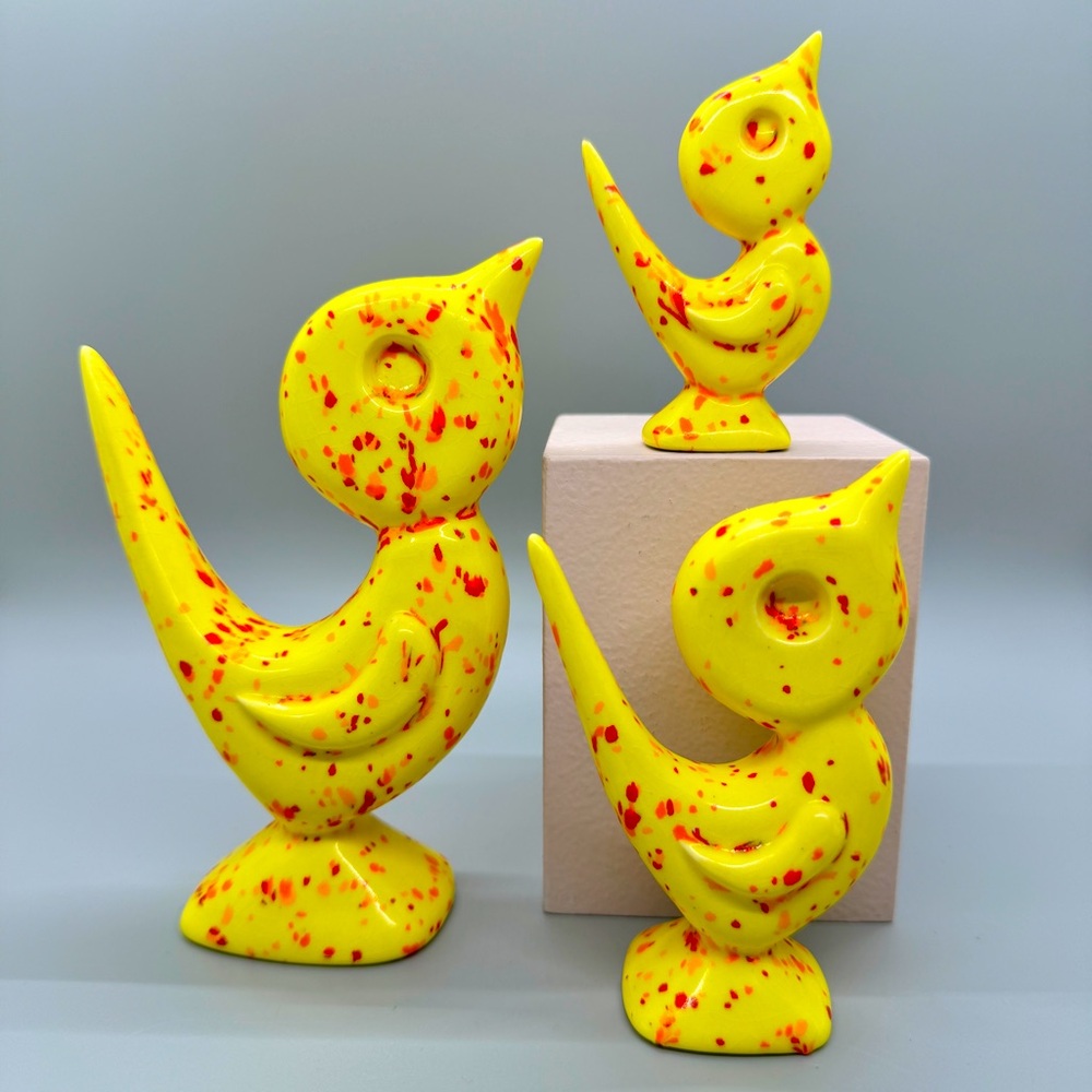Vintage Set of Three Glazed Yellow Ceramic Ducks, 1960s or 1970s.